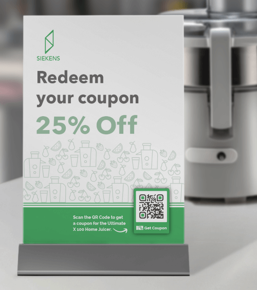 A table tent at an electronics store with a QR Code that displays a coupon code when scanned.