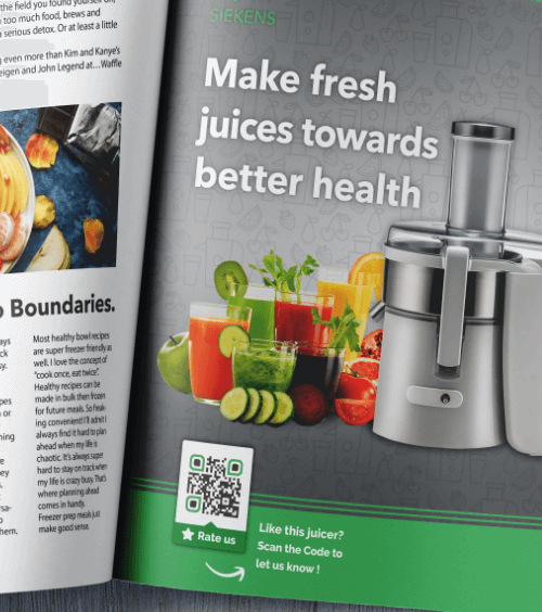 An advertisement for an electronics product in a corporate magazine with a QR Code that urges customers to rate the product.