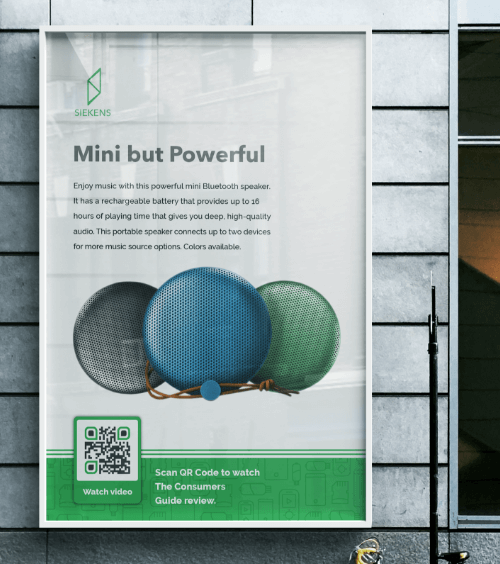 An outdoor poster that advertises electronics product with a QR Code that displays a video playlist when scanned.