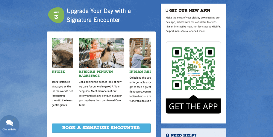 On the left side of the screen, the interface shows a 3-step process to book an encounter with zoo animals. On the left side of the screen, users are invited to download the app.