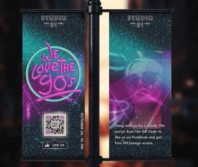 A street banner promoting a club event with a QR Code that links to its Facebook page to increase likes and followers.