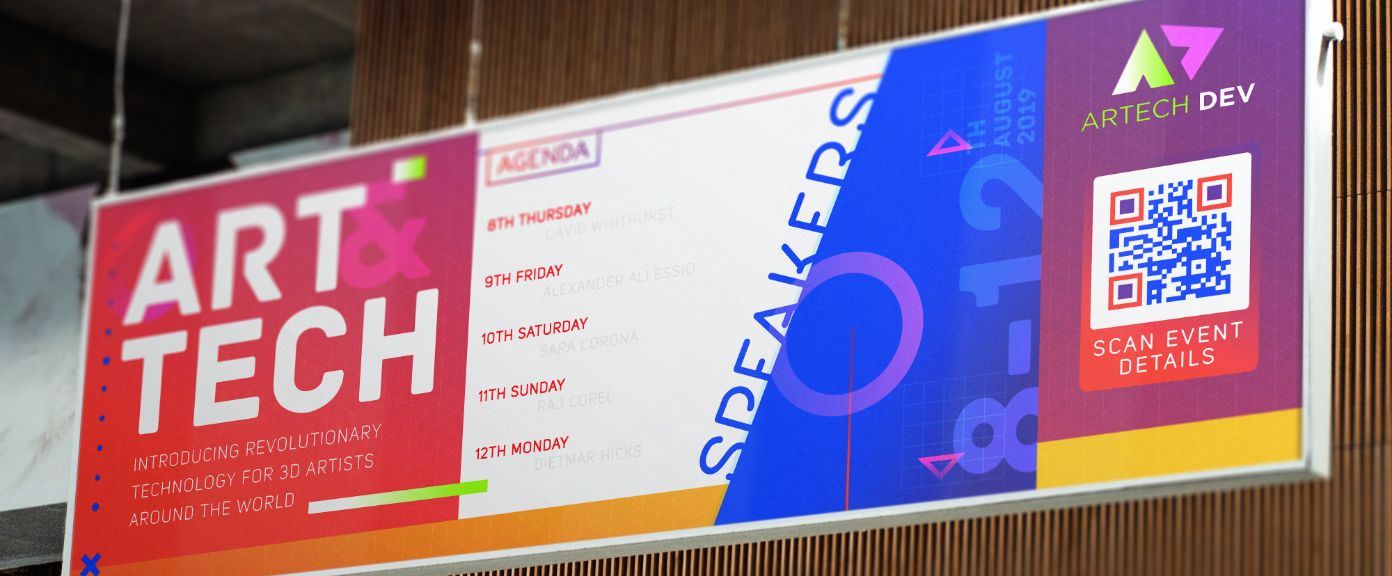 A tech conference billboard with a QR Code that lets customers save event details to their smartphone calendars.