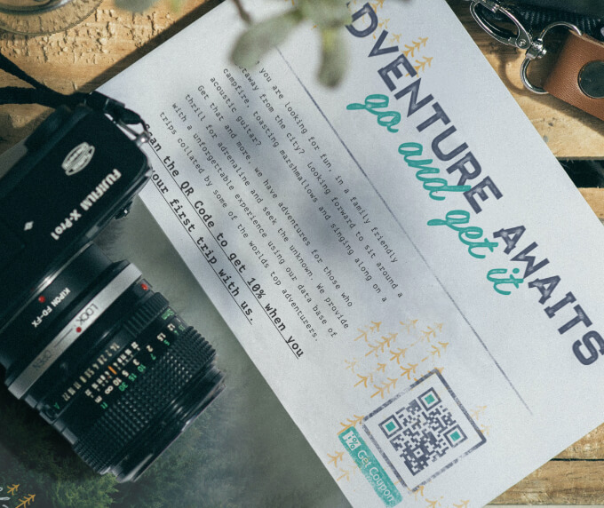 Promotional flyer from a travel agency with a QR Code that links to a discount coupon.