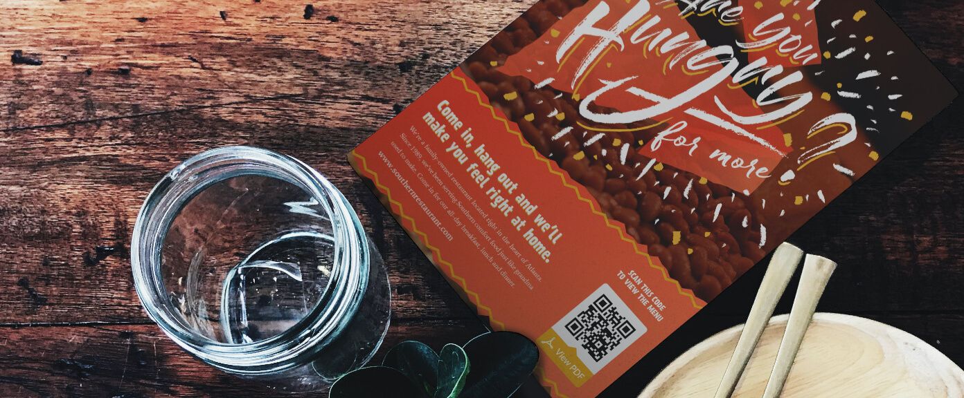 Promotional flyer from a restaurant with a QR Code that contains a PDF version of the restaurant’s takeout menu.