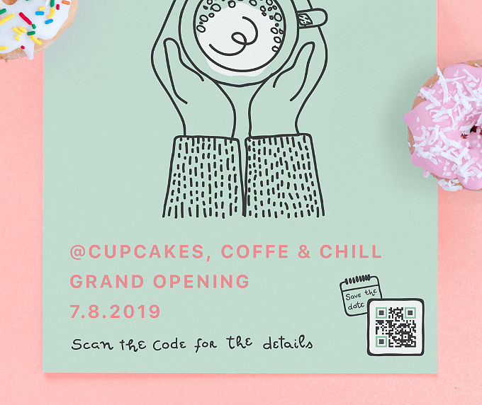 Announcement flyer of cafe’s grand opening with a QR Code that links to event details that can be saved to a smartphone directly.