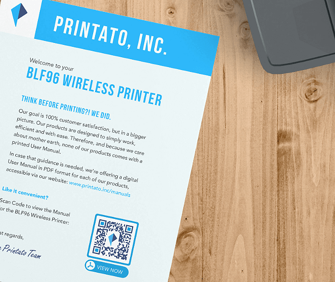 An electronics product packaging insert with a QR Code that contains a PDF version of the product manual.