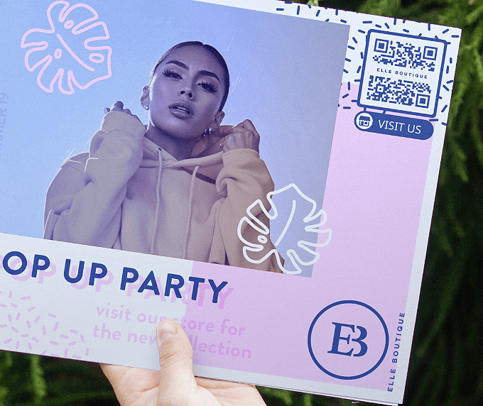 Promotional flyer from a fashion boutique with a QR Code that links to multiple social media channels displayed on one page.