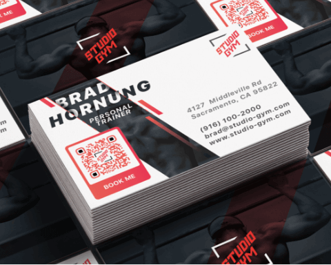 A QR Code frame with a CTA for people to book a personal trainer.