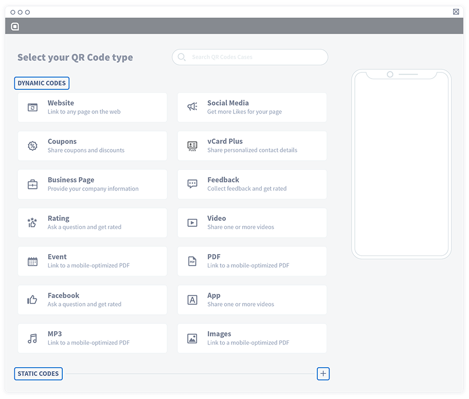 Different types of QR Codes you can select from.