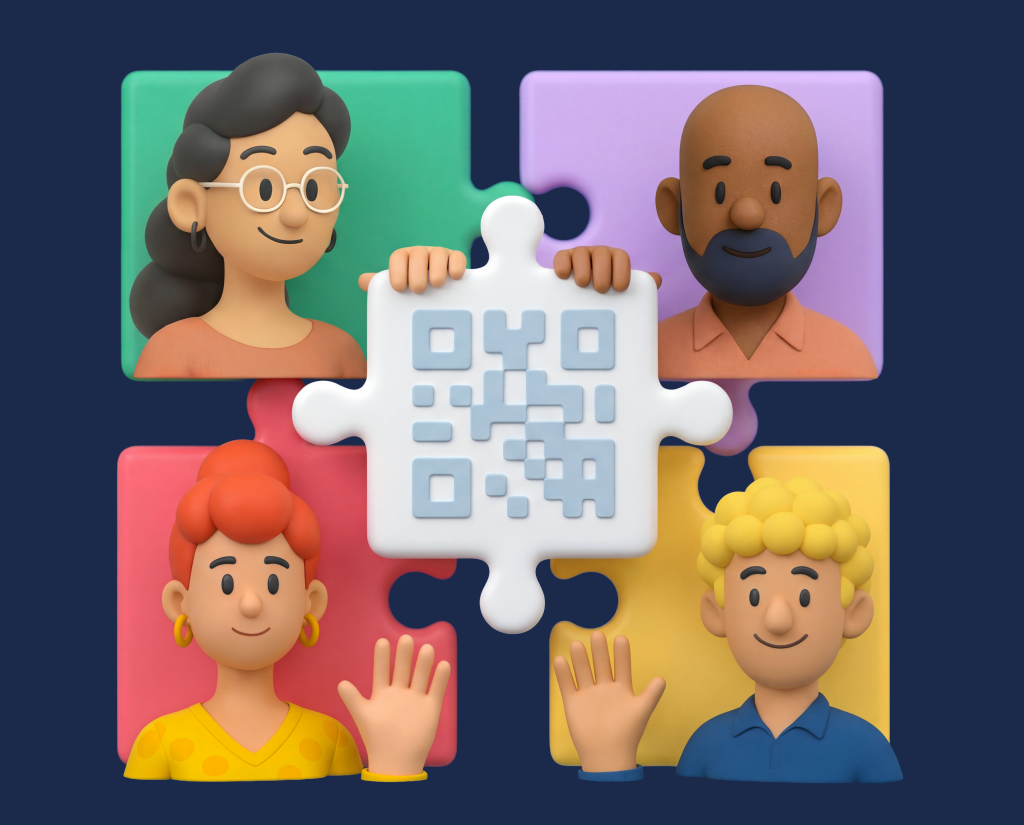 An in-progress puzzle that features different individuals on each piece. One of the central pieces that connects the others features a QR Code.