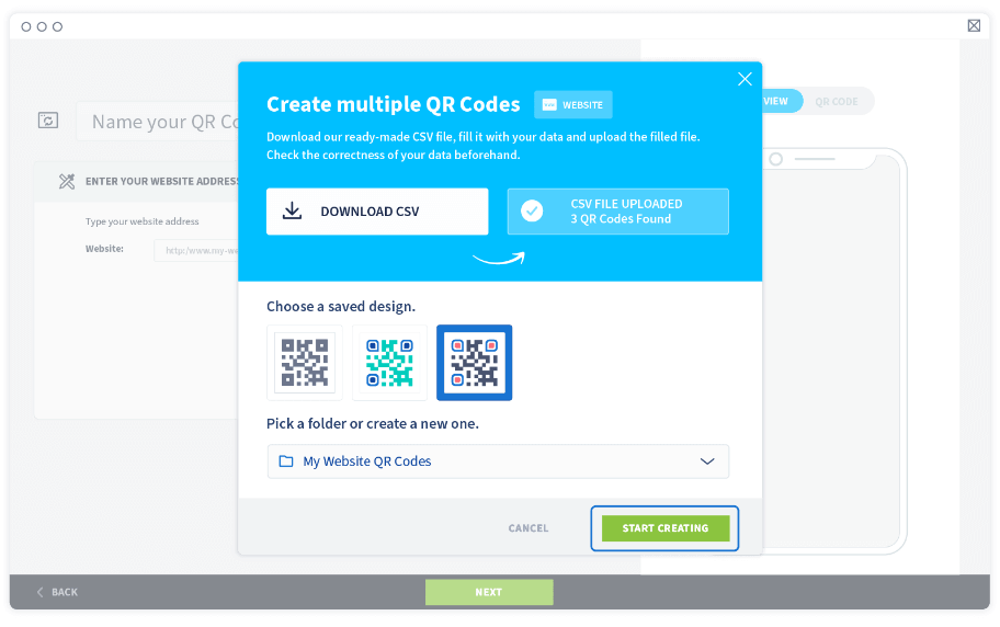 Select Start creating to generate all the Static URL QR Codes in one go
