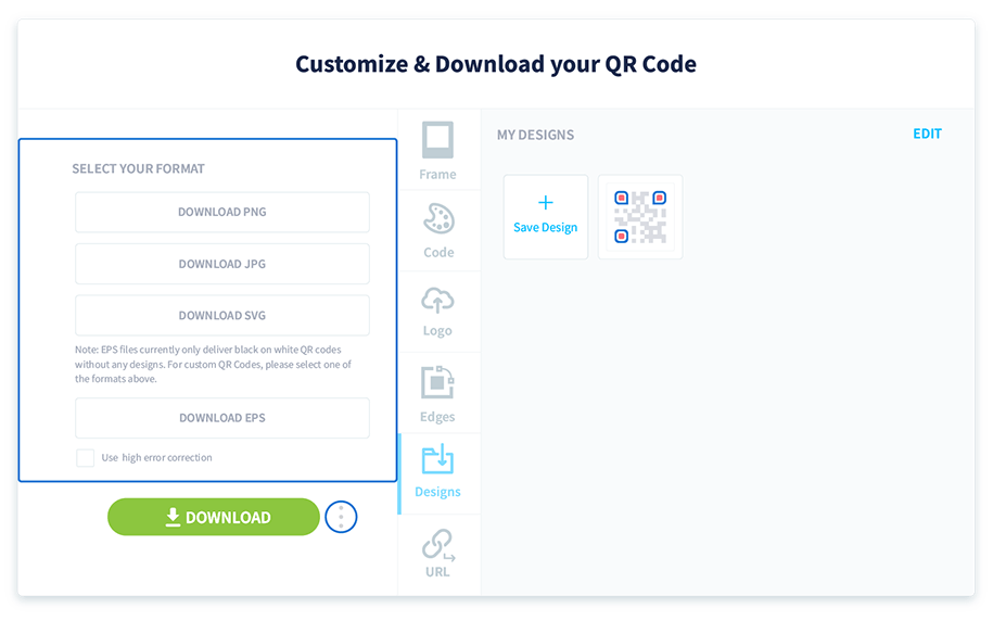 Choose the QR Code format you want to download