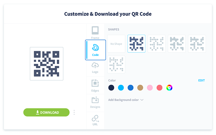 Select the Code tab to customize the shape and color