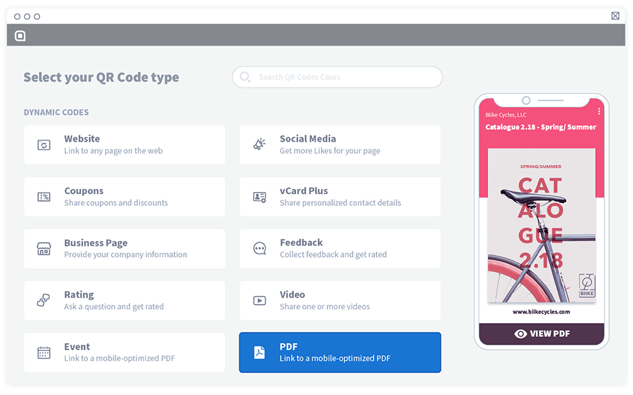 Under Dynamic Codes, select PDF to create a PDF QR Code