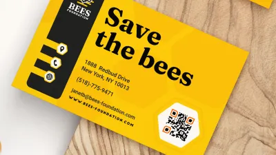 A man from fictional non-profit brand, Bees Foundation, prompts an audience to scan the QR Code image.