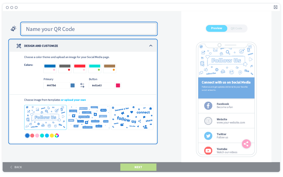 Name your QR Code and then choose your colors and image