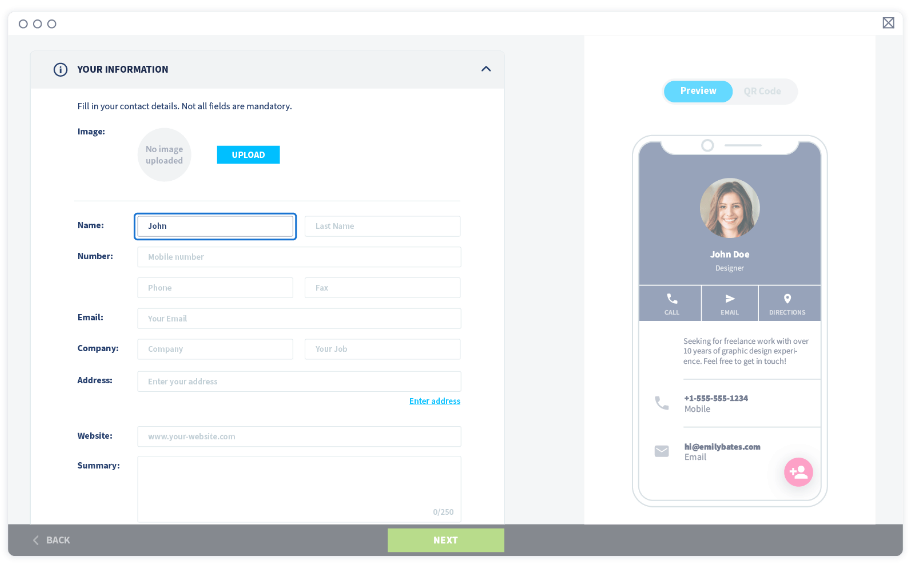 Add your personal info (contact details, website, summary description)