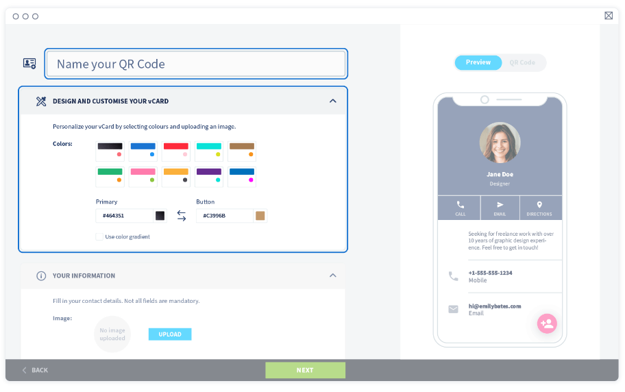 Name your QR Code and then customize your digital business card by color