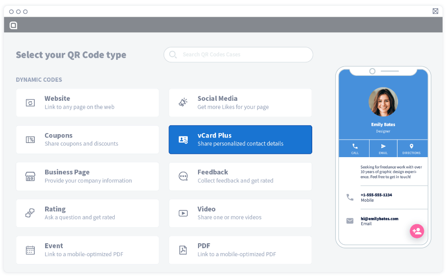 Select “vCard Plus” from the list of QR Code solutions and click “Next”