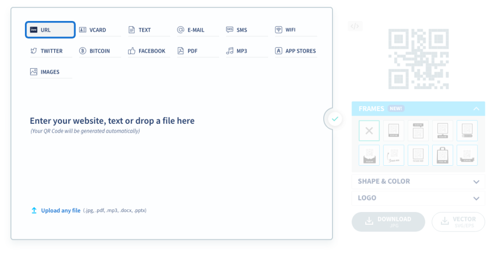 First, choose URL in the QR Code selection tab