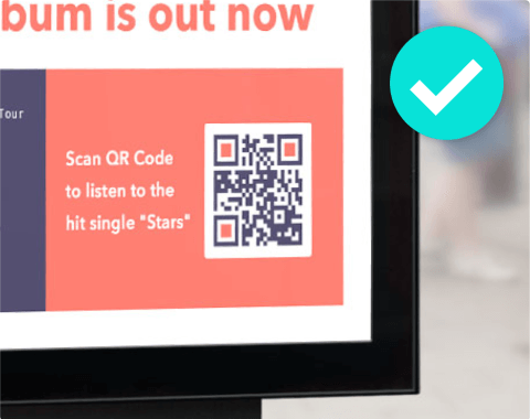 An orange background displays white text next to a navy blue and white QR Code with a blue tick on the right