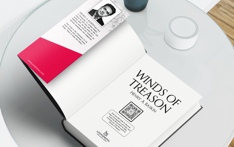 Winds of Treason book laying open on the first page displaying a black and white QR Code and an author's picture on the book cover.