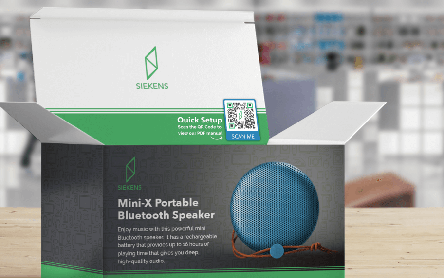 A Bluetooth speaker cardboard box with a “scan me” QR Code to set up the device.
