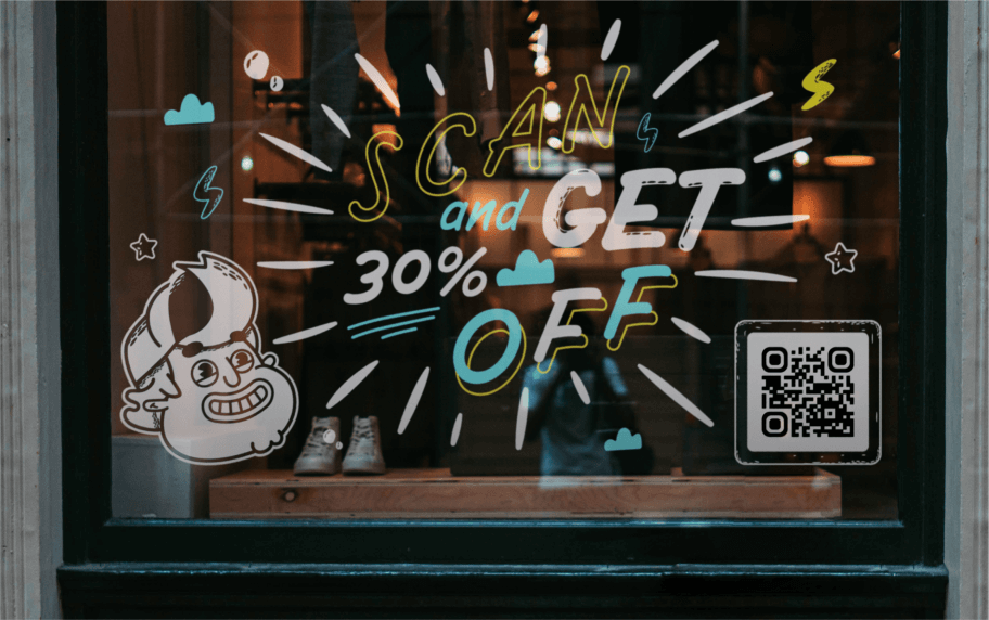 A coupon QR Code is displayed on a storefront window next to a visual of a cartoon boy and yellow, white, and blue font text.