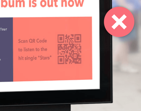 An advertisement with dark text and a QR Code blending into the background with a red cross on the right