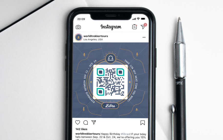 A smartphone displaying World Trekker Tours’s Instagram post featuring a dark blue, aqua, and white QR Code.