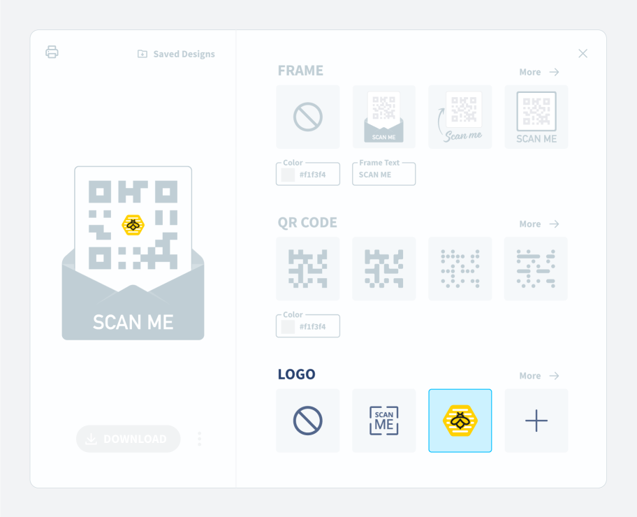 QR Code customization features frames, QR Code patterns, logo options, and a preview of the QR Code with a bee logo in the middle.