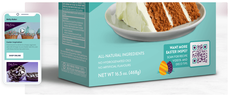 Blue product packaging with QR Code at the bottom next to smartphone displaying videos of cupcakes.