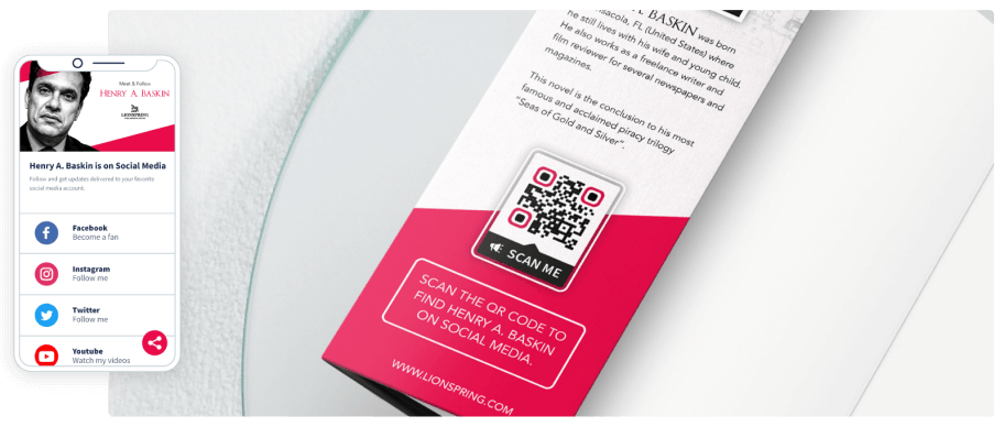 A pink and white pamphlet with a QR Code next to a smartphone displaying social media icons.