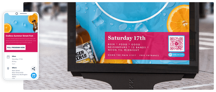 A poster with QR Code next to a smartphone that displays event information.