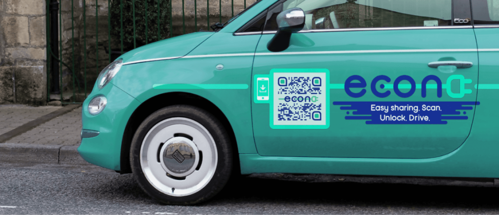 An Econ branded QR Code featured on a turquoise car.
