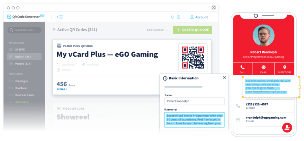 QR Code Generator Dashboard shown next to a smartphone highlighting blue text.