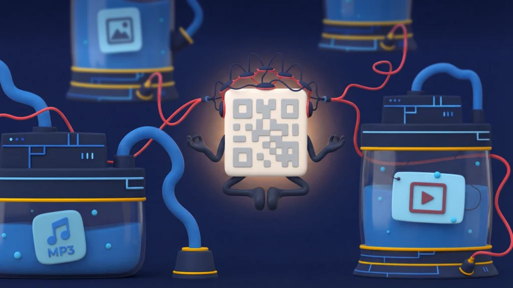 A QR Code with arms and legs meditating next to machines it is hooked up to with wires.