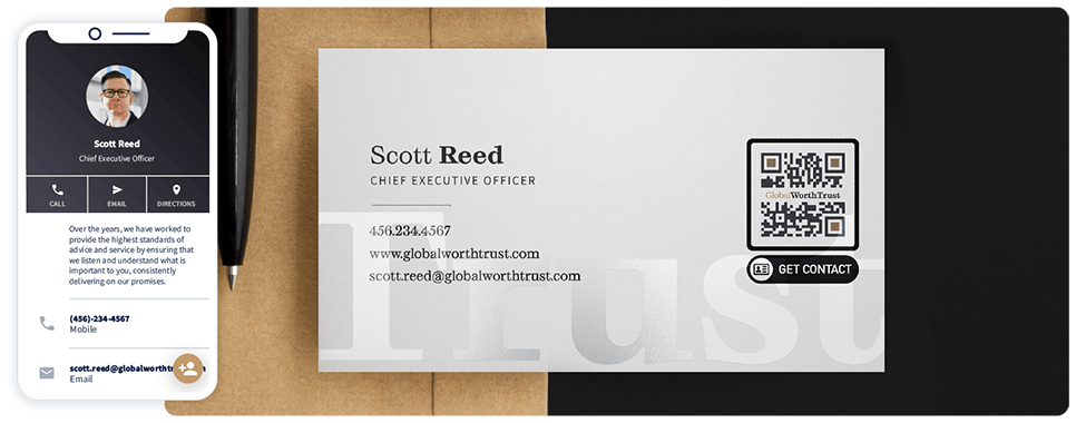 QR Code marketing idea on a business card with a vCard Plus QR Code