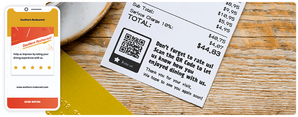QR Code marketing idea on a receipt with a Rating QR Code
