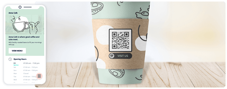QR Code marketing idea on a coffee cup with a Business Page QR Code