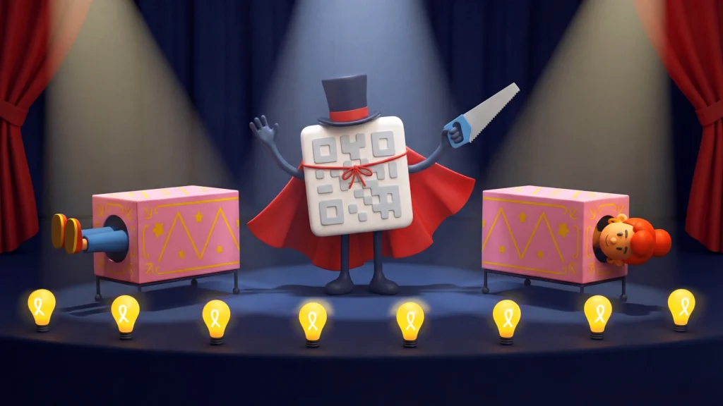 A magician QR Code wearing a red cape and a black top hat holds a saw in their hand after completing a magic trick on a stage