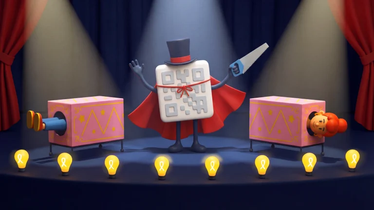 A magician QR Code wearing a red cape and a black top hat holds a saw in their hand after completing a magic trick on a stage