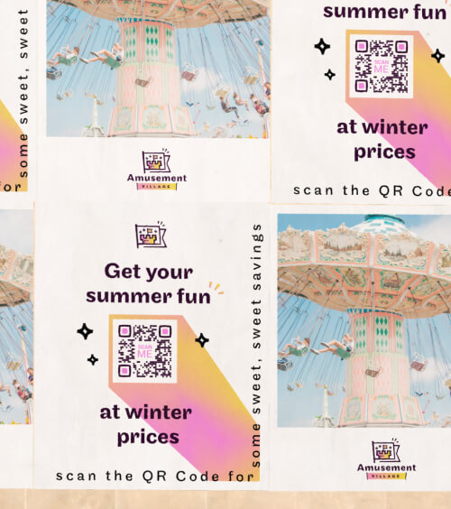 QR Code on an amusement park poster ad prompting people to scan for pricing information.