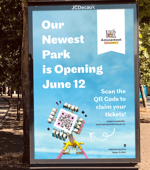 QR Code on an amusement park's poster ad prompting people to scan and get their tickets.