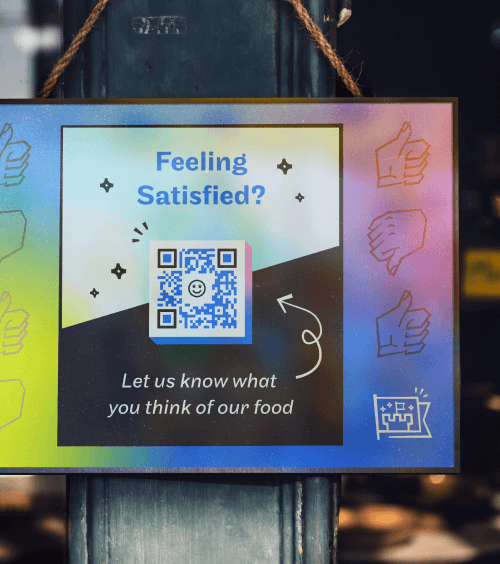 QR Code on a door hanger prompting people to scan and give their feedback about the food.