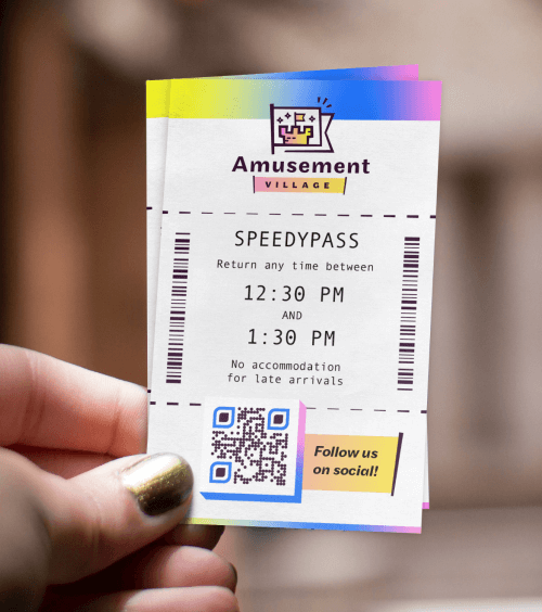 QR Code on an amusement park ticket prompting people to scan and follow their social.