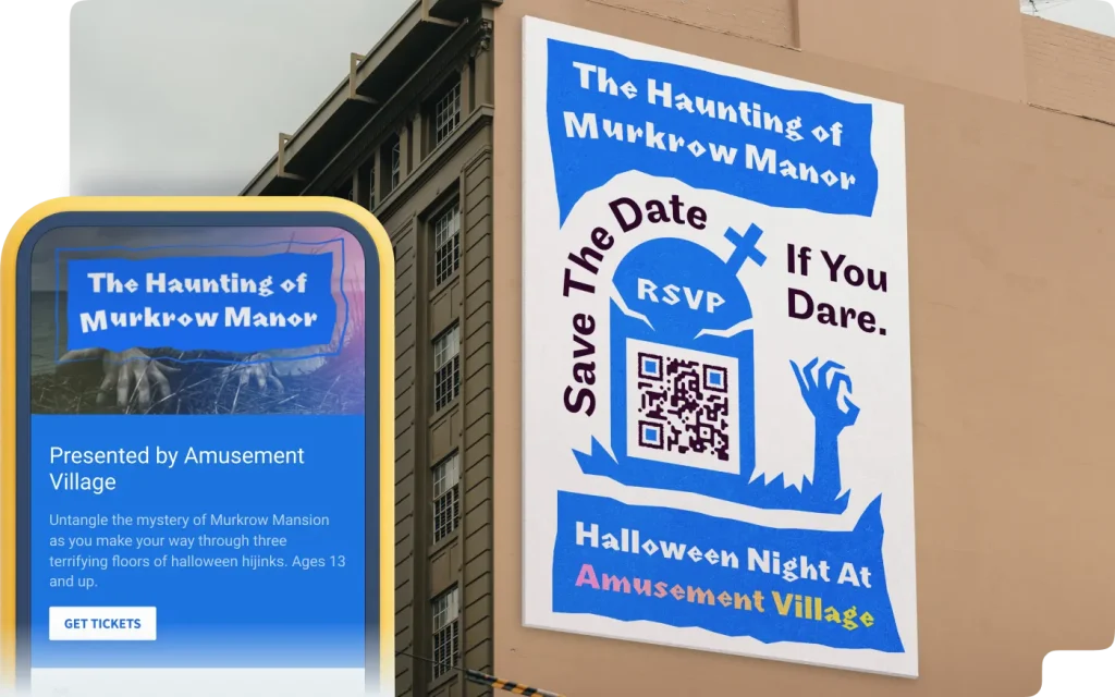 QR Code on an amusement park poster ad prompting people to scan for pricing information.