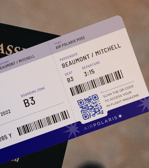 QR Code on a passenger's boarding pass prompting to scan to access the in-flight magazine.
