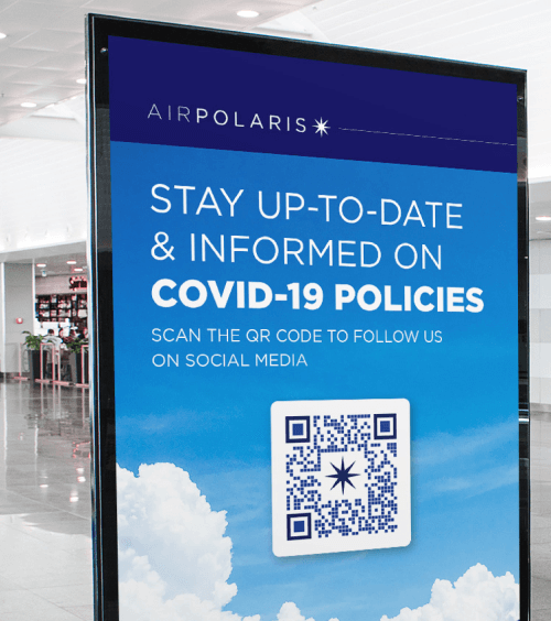 QR Code on an airline display prompting people to scan and follow their social media.
