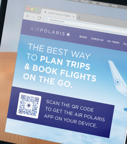 QR Code on an airline's website homepage prompting people to scan to download their app.